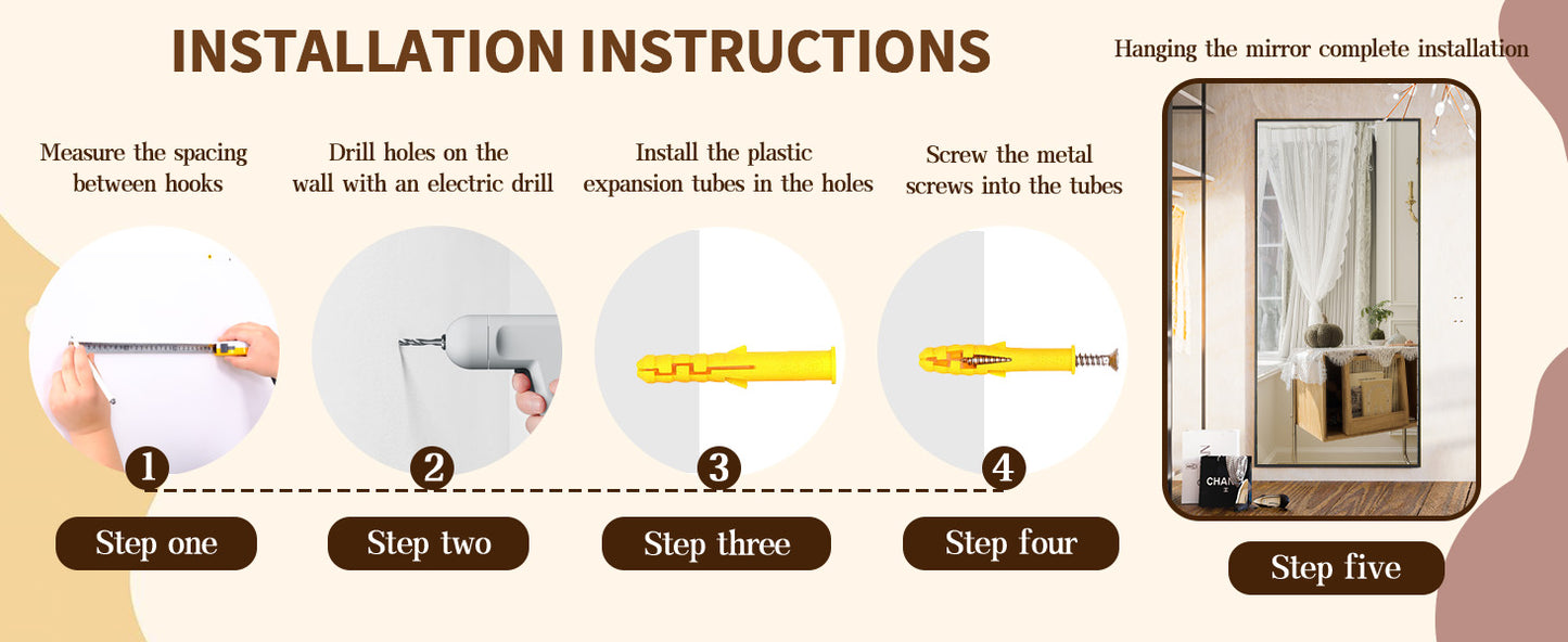 Large Mirror Full Length 34"x76", Floor Body Mirror with Stand, Metal Frame Wall-Mounted Vanity Mirror, Hanging Leaning