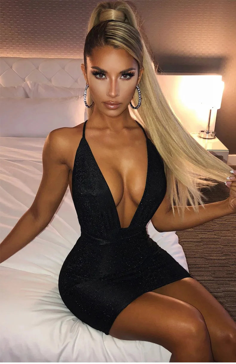 2021 Hot Style Women Sexy V-Neck Backless Sleeveless Shimmer Bodycon Mini Sexy Dresses