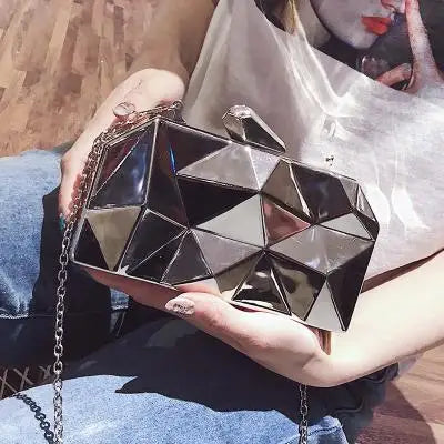Damen Handtaschen Metall Hochwertige Hexagon Clutches Mode Geometrische Mini Party Schwarze Abendtasche Silberne Taschen Goldene Box Clutch