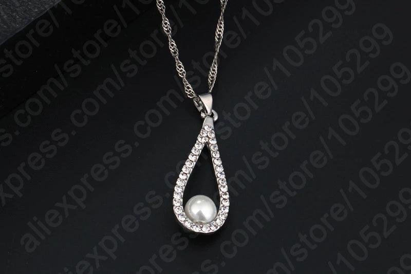 925 Sterling Silver Shiny Crystal Water Drop Pearl Necklace Earrings Jewelry Sets For Woman Fine Jewelry Wedding Gift Wholesale