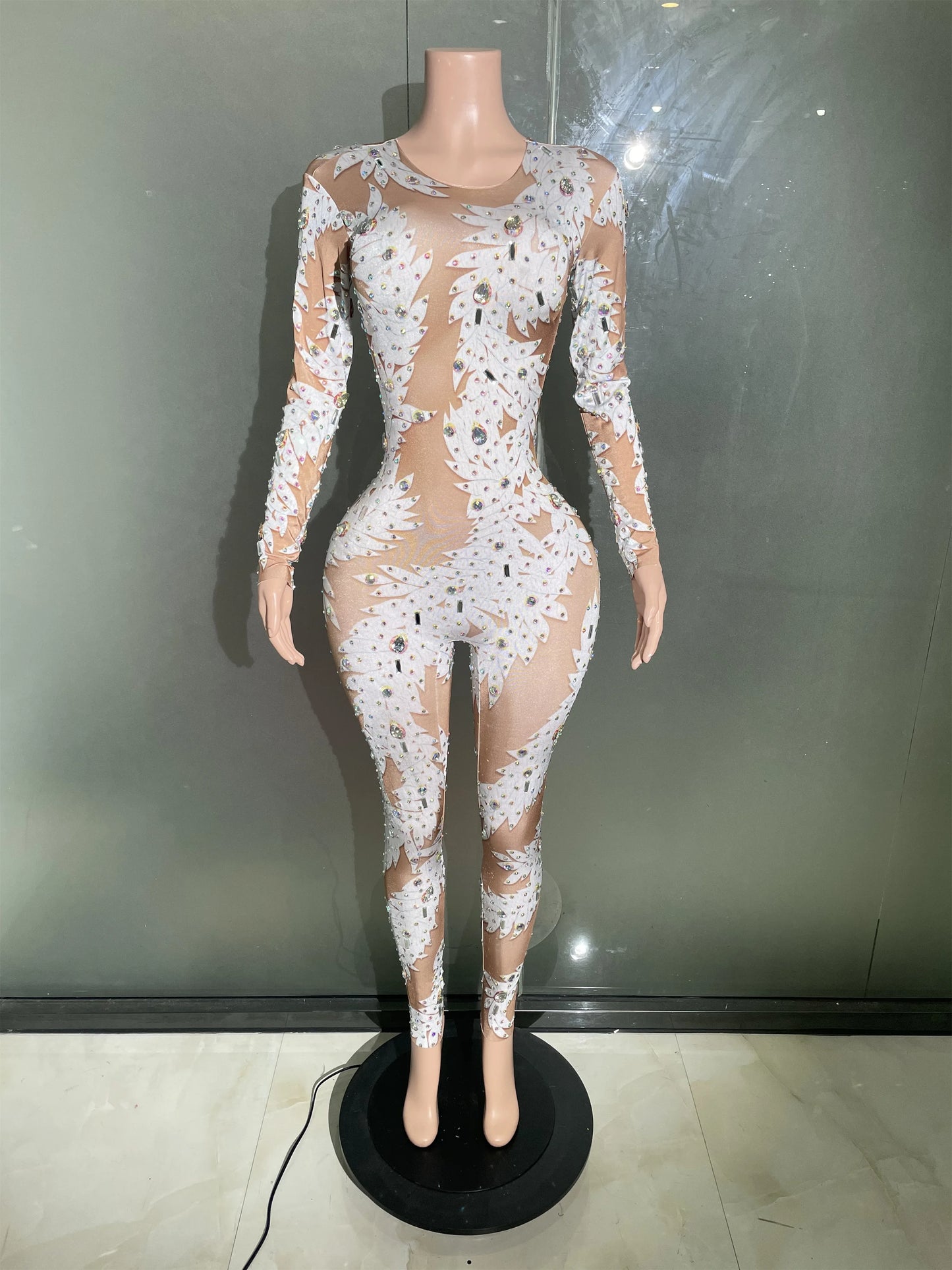 Sexy Crystal High Stretch Bodycon Long sleeve Jumpsuit Women Celebrate Nightclub Party club Performance Costume Stage Wear