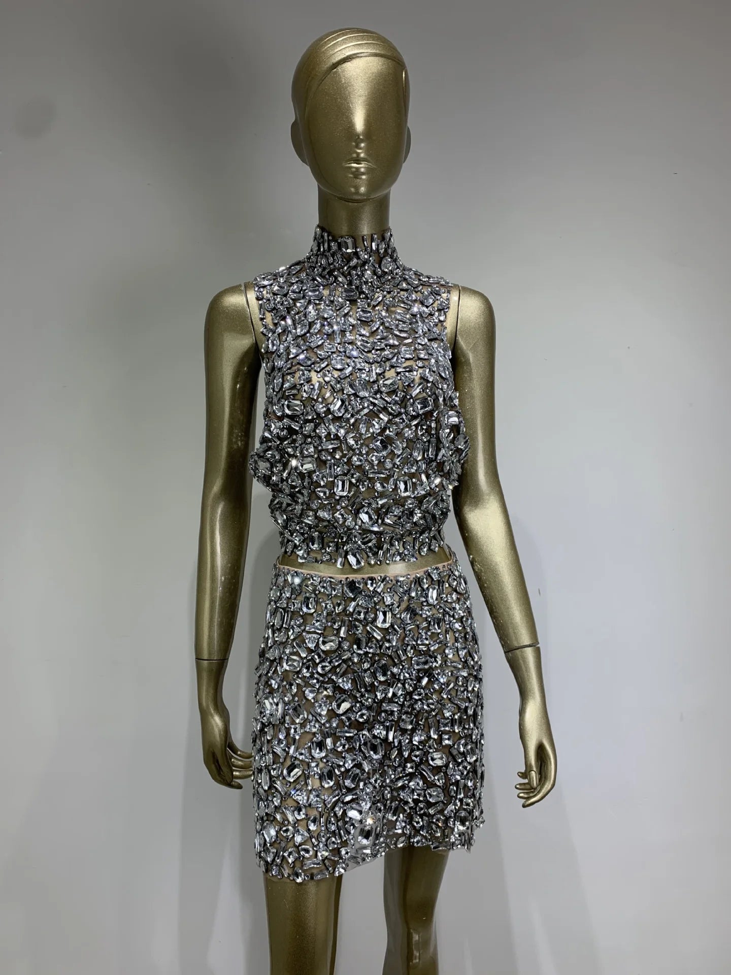 Sparkling Rhinestone Sexy Halter Backless Two-Pieces Set Birthday Evening Party Celebrate Stage Costume Nightclub Gown Dress