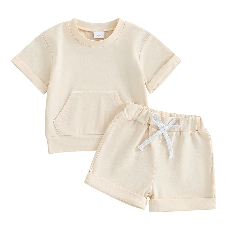 Toddler Infant Boys 2 Piece Outfits Solid Color Short Sleeve Pocket T-Shirt and Elastic Shorts Summer Baby Boy Clothes Set