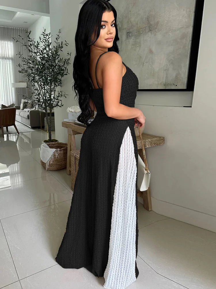 Beyprern Women's Patchwork Spaghetti Straps Knitted Wide Legs Jumpsuits One Piece Outfits Night Clubwear Female Workout Overalls