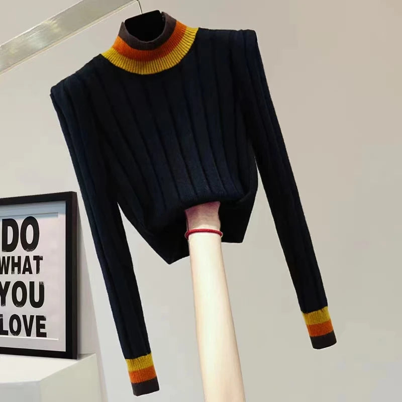 2024 Autumn Winter Turtleneck Striped Sweater Women Korean Style Womens Clothes Long Sleeve Knitted Crop Top Pullover Pull Femme