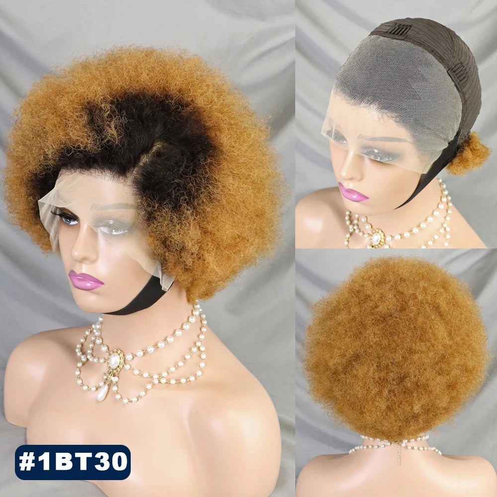 MALAIKA Kinky Curly Short Lace Front Wig Afro Bob Human Hair Natural Hairline 13X4 Lace Frontal Glueless Human Hair Wigs