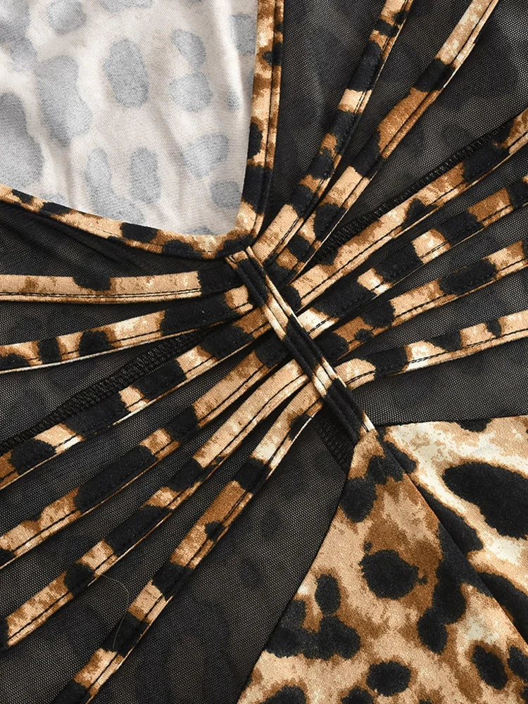 Beyprern Wild Cut-Out Leopard Print Corset Jumpsuit Fitness Rompers One Piece Outfits Womens Mesh Patchwork Long Pants Overalls