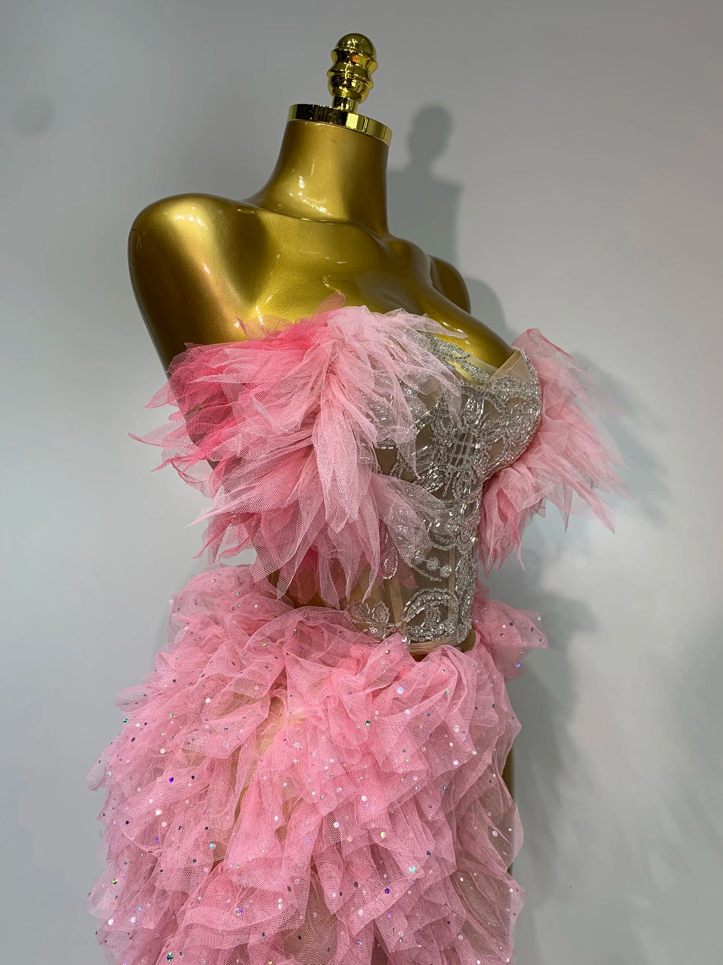 Women Sexy Strapless Ruffles two Pieces Set Bodycon Long Dress High Split Fashion Nightclub Party Birthday Singer Stage Outfit