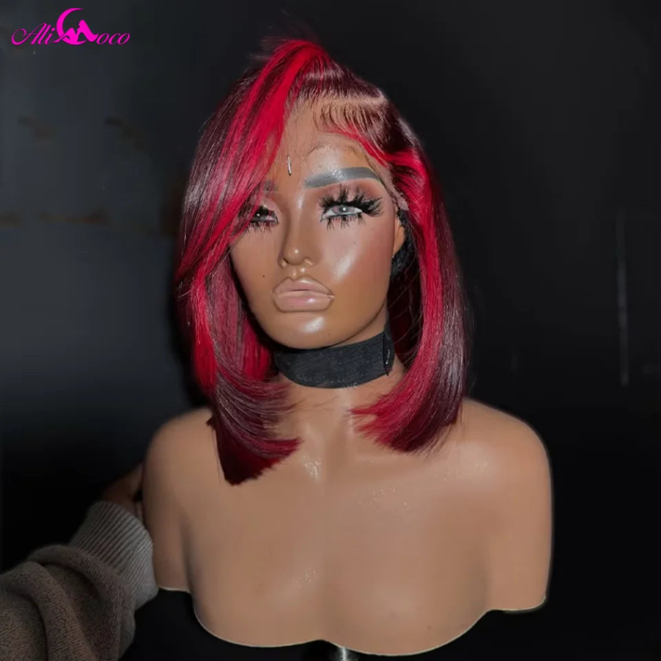 Highlight Red 99 Colored Straight Short Bob Human Hair Wig 180 Density 13x4 Lace Front Wig Pre Plucked for Women