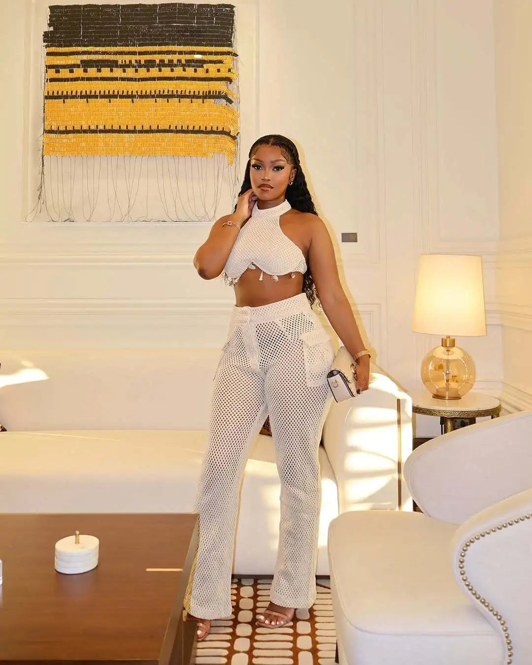 2025 Summer New Fashionable Women's Two Piece Solid Color Neck Hanging Skirt Top with Hollow Pocket Pants Set