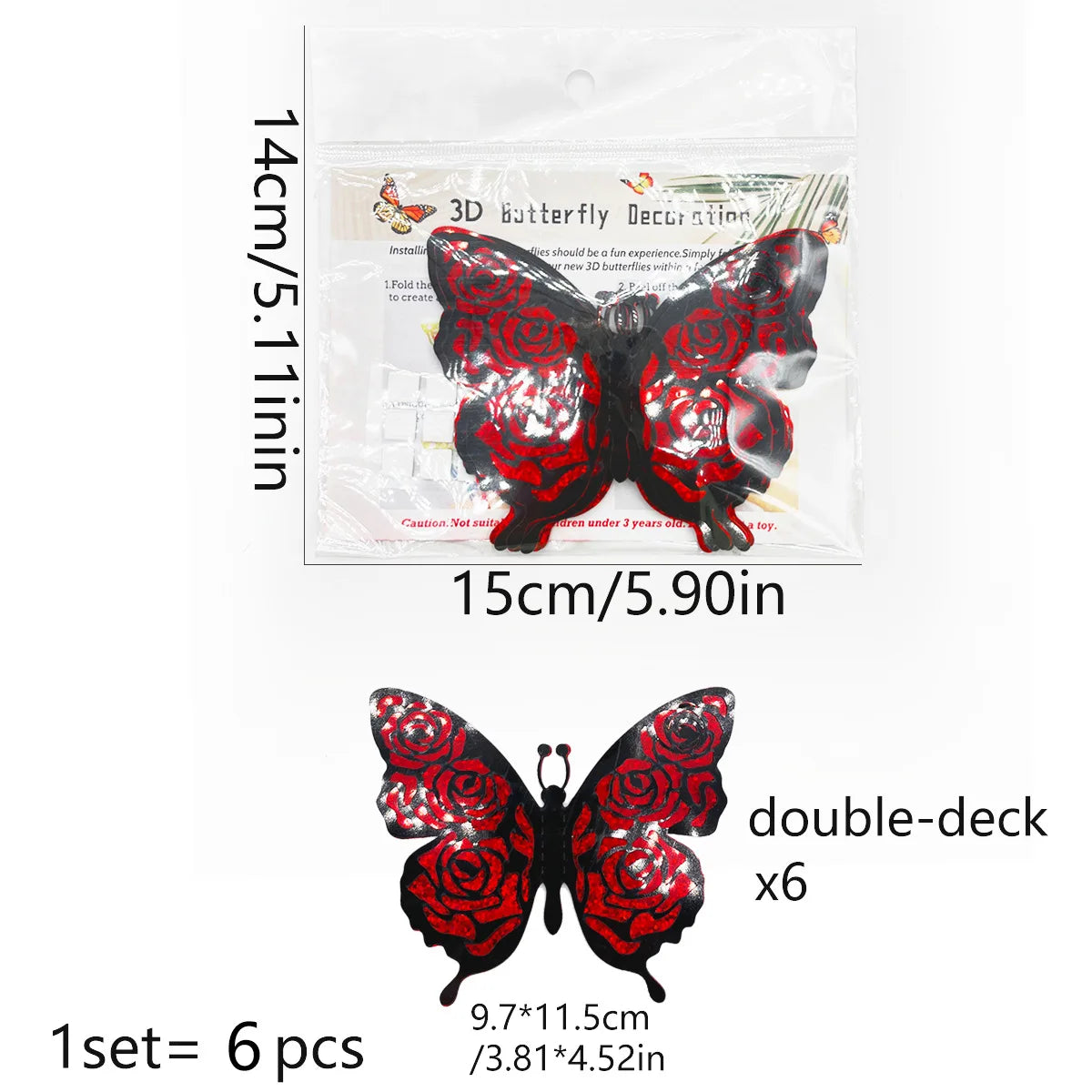 6pcs/set 3d Double Layer Butterfly Valentine's Day Decorative Wall Stickers Glitter Gold Butterfly Decorative Stickers