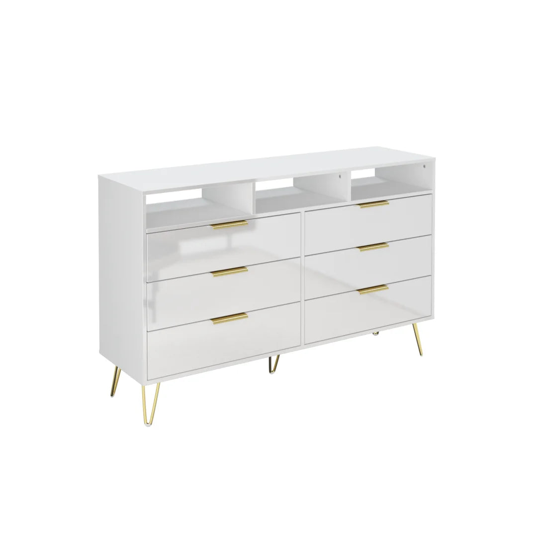 6 Drawers Dresser for Bedroom with LED Lights, High Gloss Chest of Drawers with Metal Legs, Modern Wood Closet Storage Organizer
