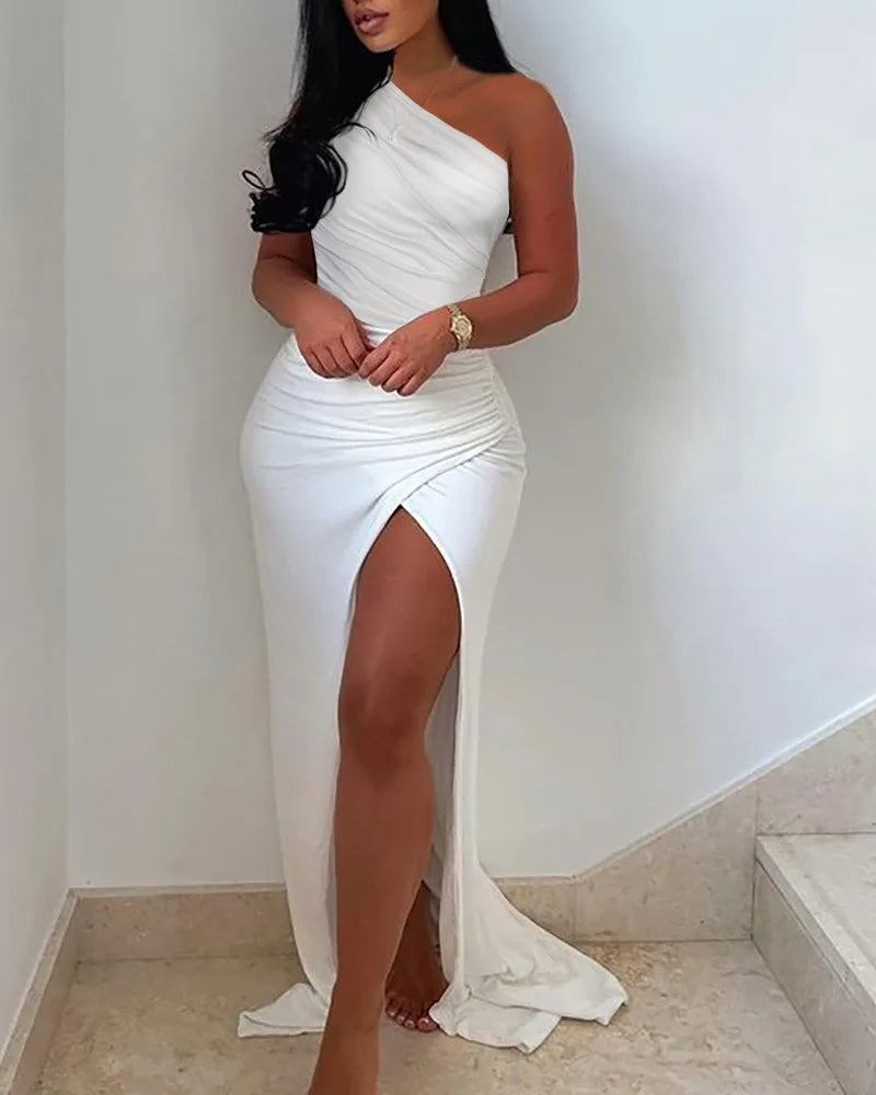 Summer Elegant Solid Dress High Split Thigh Ruched Maxi Floor Dress White Sexy Corset Asymmetric Party Robes Female