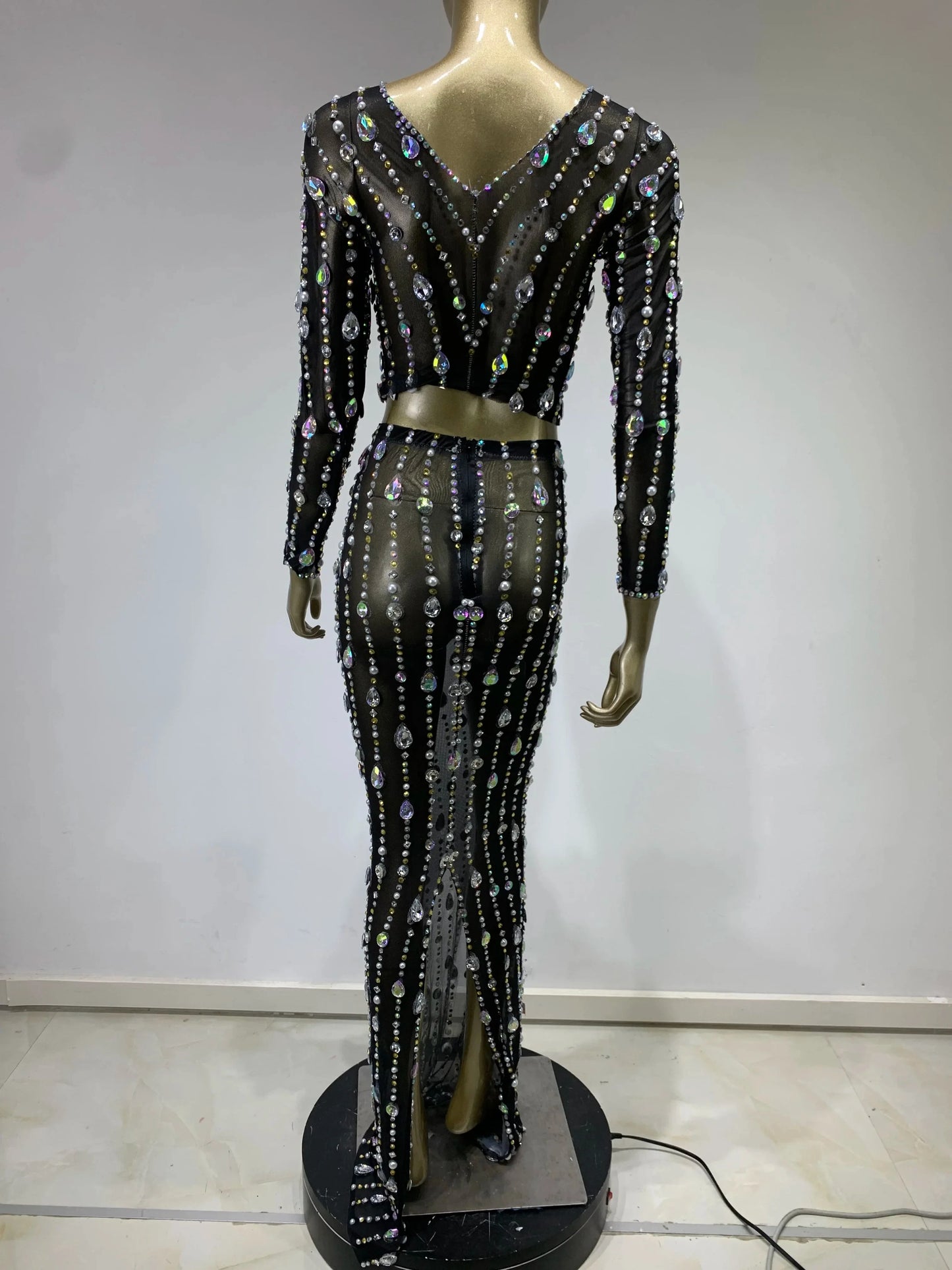 Festival Outfit Women High End Fashion Nude Color Rhinestone Mesh Long Sleeve O Neck Crop Top and Long Skirts Gala Two Piece Set