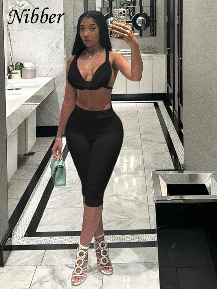 Nibber Sexy See Through Women 2 Piece Set Summer Trend Mesh Thin Whip Halter Tank Tops+Wide Waist Shorts Matching Street Outfits