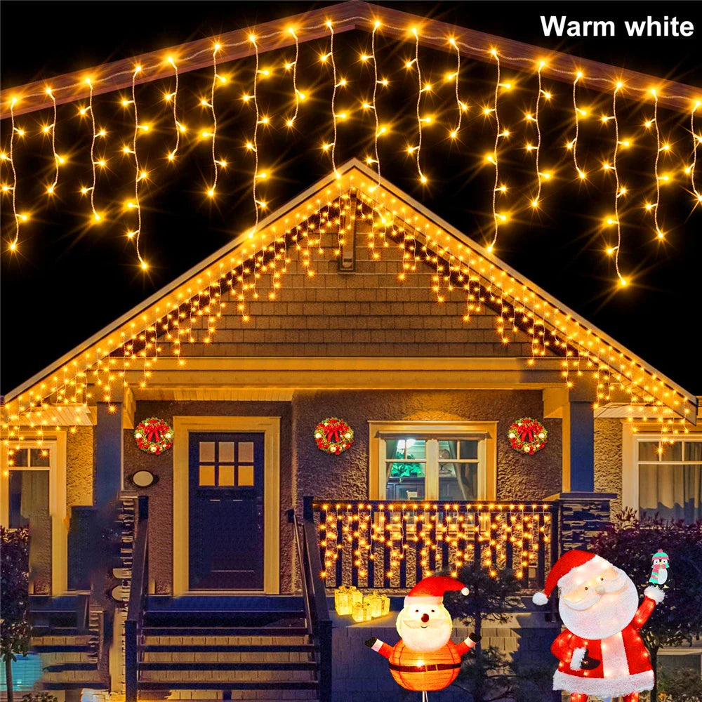 NEW 2024 Christmas Decorations Lights Solar Icicle Curtain Lights 8 Modes Outdoor Waterproof Garden Party New Year Decoration