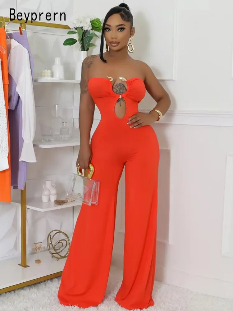 Beyprern Fashion Off Shoulder Snake Metal Jumpsuits One Piece Outfits Beautiful Strapless Hollow Out Wide Leg Rompers Overalls