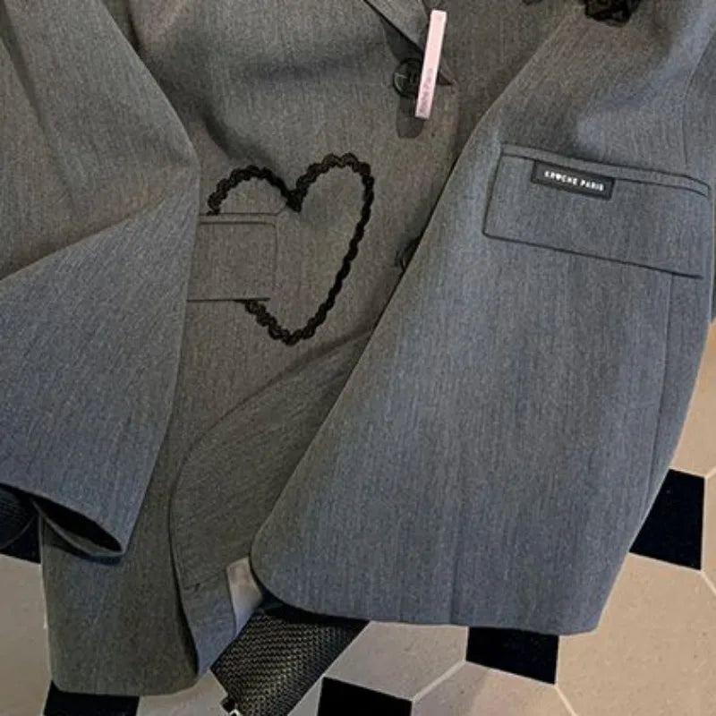 OCEANLOVE Embroidered Floral Blazers Women Spring Autumn Korean Fashion Chaquetas Elegant Grey Loose Retro Blazer Feminino