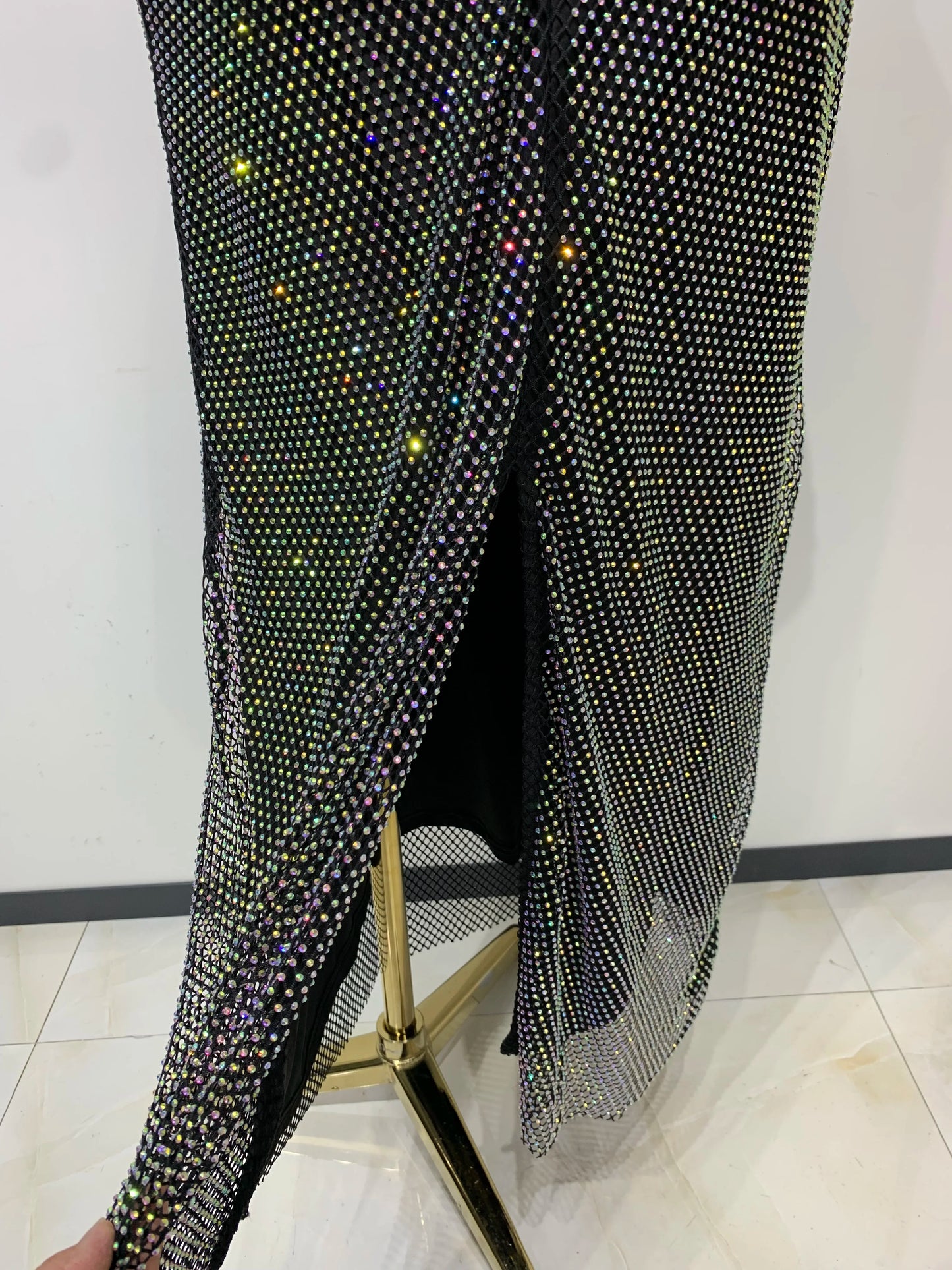 High Quality Black Design Sleeveless Rhinestone Top + Hot diamond Skirt Suit Evening Party Dress Nightclub Luxury Birthday Gown