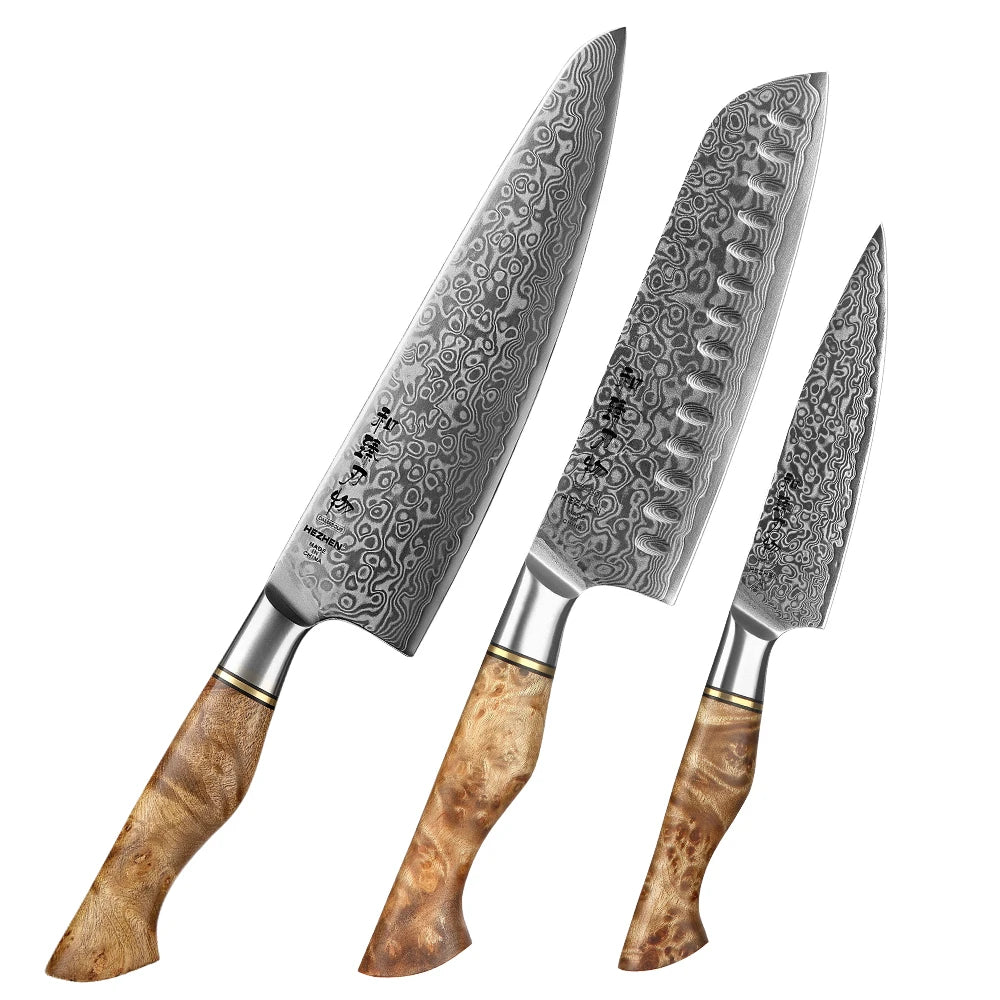 HEZHEN 1-5PC Knife Set Professional Damascus Steel Chef Santoku Bread Utility Paring Cook Knife For Meat Sharp Kitchen Knife