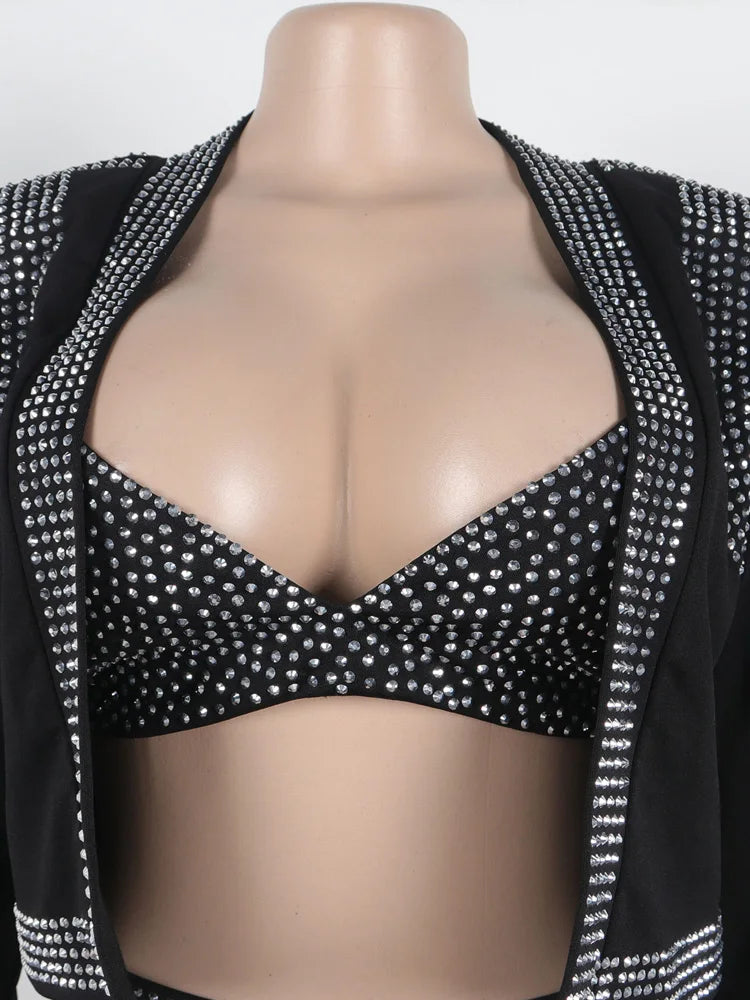 Beyprern Gorgeous Rhinestone Jacket Bra Top And Matching Shorts Set 3 Pieces Outfits For Women Sparkle Crystal Tracksuits Set