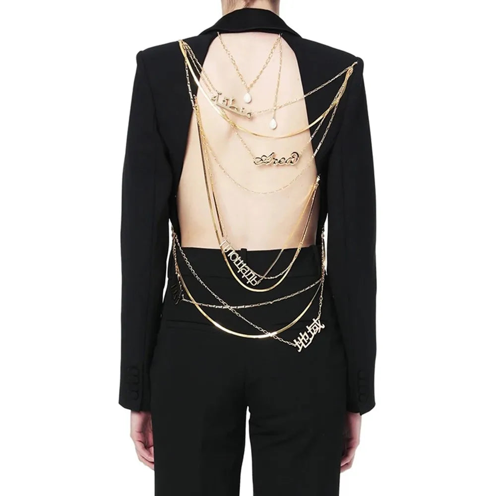TWOTWINSTYLE Backless Spliced Button Blazers For Women Notched Collar Long Sleeve Patchwork Chain Chic Blazer Female Fashion New