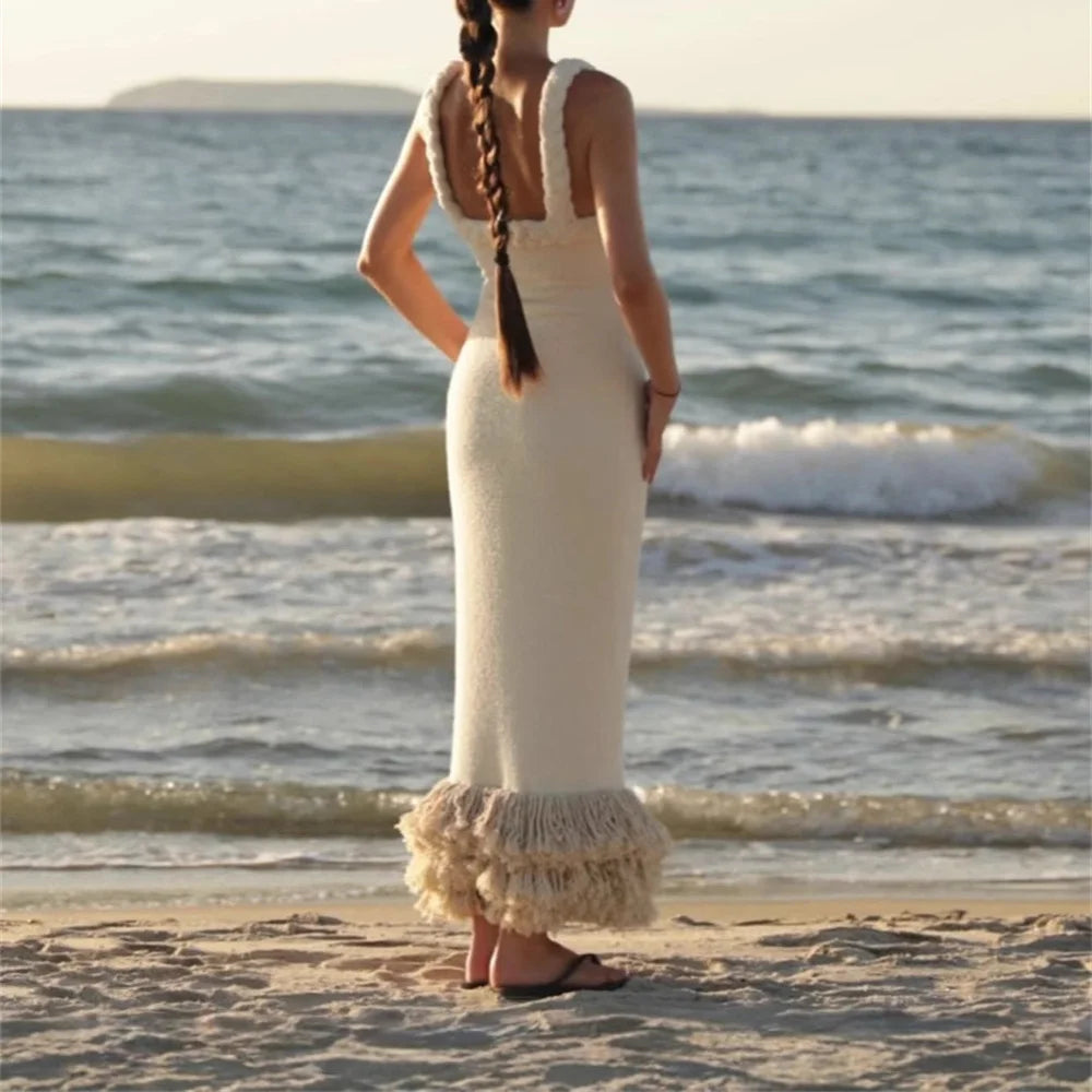 Fashion Yellow Tassel Knitted Sling Midi Dress for Women 2024 Sexy Backless Sleeveless Summer Beach Party Lady Robes