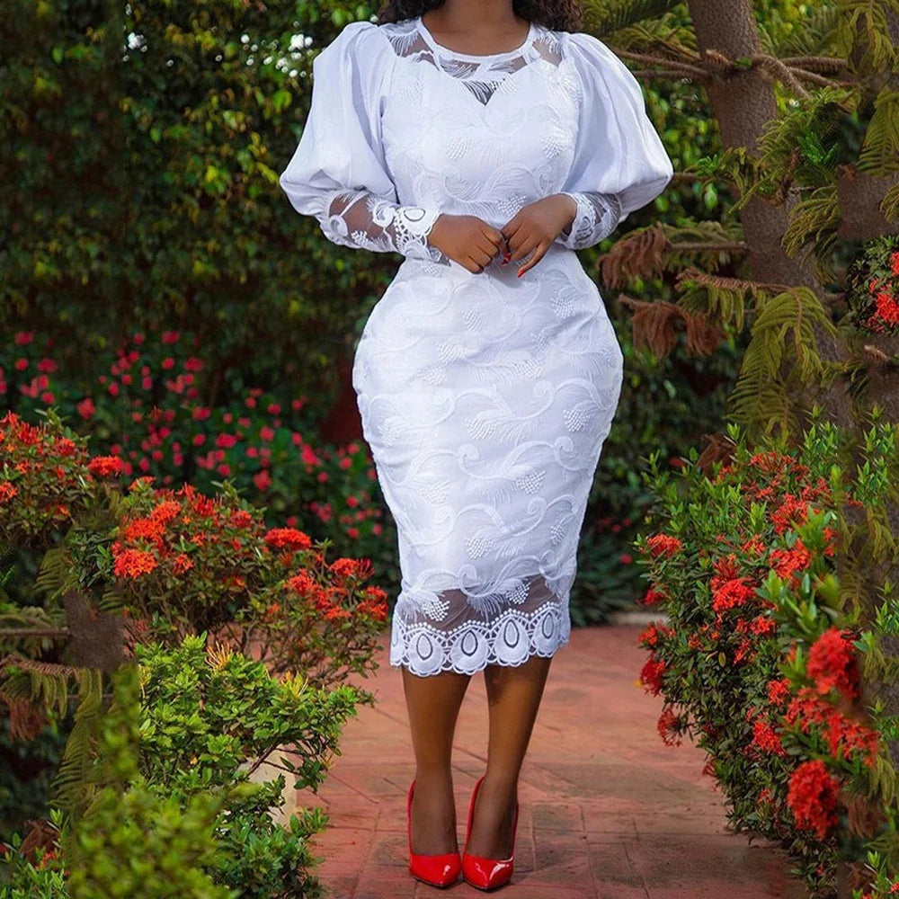 Elegant Women White Lace Dress Puff Sleeve Embroidery Pencil Dress Large Size 4XL Ladies Wedding Birthday Dinner Evening Clothes