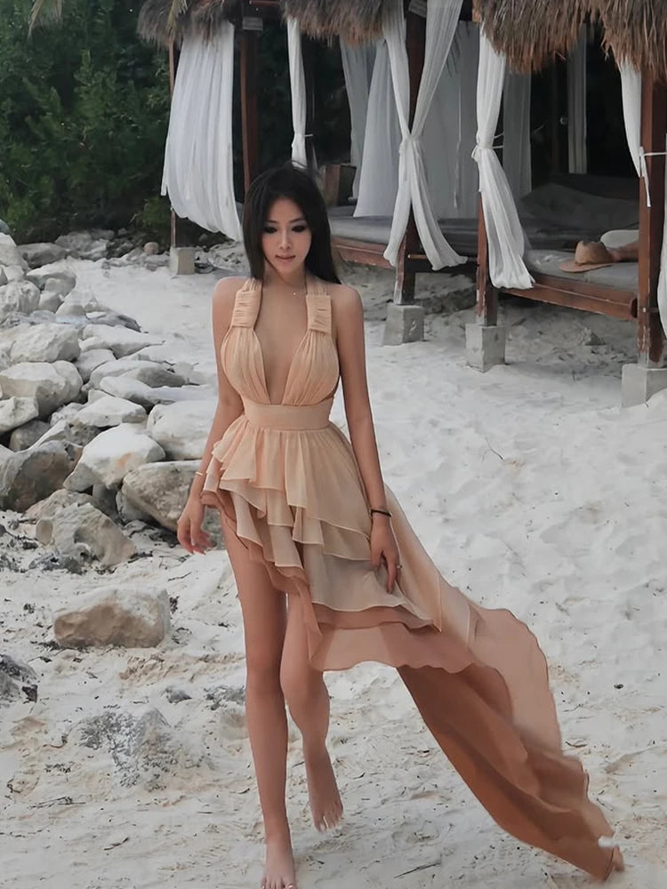 Weird Puss Tierred Tassel Dress Women Backless Sleeveless Halter Gradient Color Lace Pleated Sexy Beach Vacation Party Bodycon