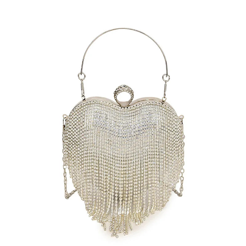 Rhinestone Evening Bag Heart Pattern Silver Handbag Womens Diamond Tassel Banquet Clutch And Purse Wedding Bridal Prom Wallets