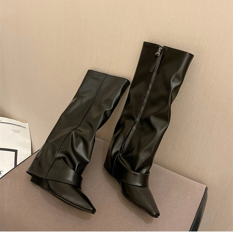 Designer Women Trouser Legs High Boots Fashion Side Zippers Long Boots Thick High Heels Autumn Winter Ladies Shoes