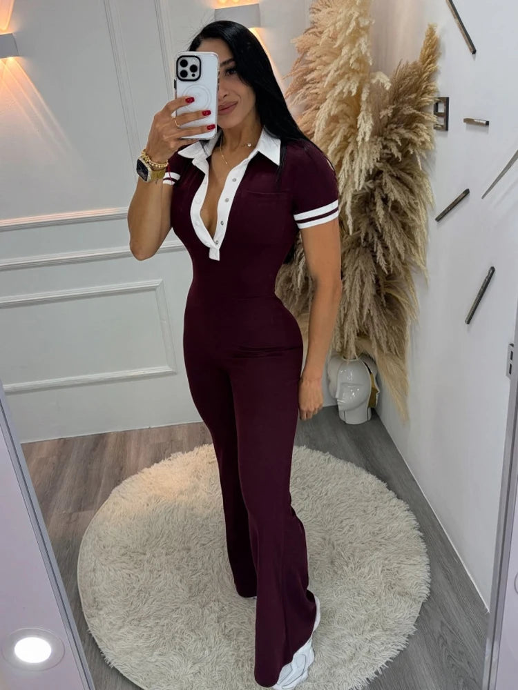 Beyprern Women's Turn-Down Collar Patchwork Wide Legs Jumpsuits Fashion Short Sleeve Stretchy Fitted Overall Night Club Outfits