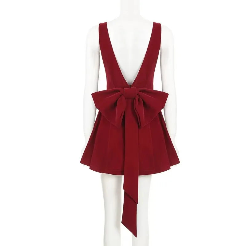 Tuularose Red Bow Dress Women's Sexy Backless Slim Tank Top A Line Dress Sleeveless Spaghetti Straps Luxury Party Evening Dress