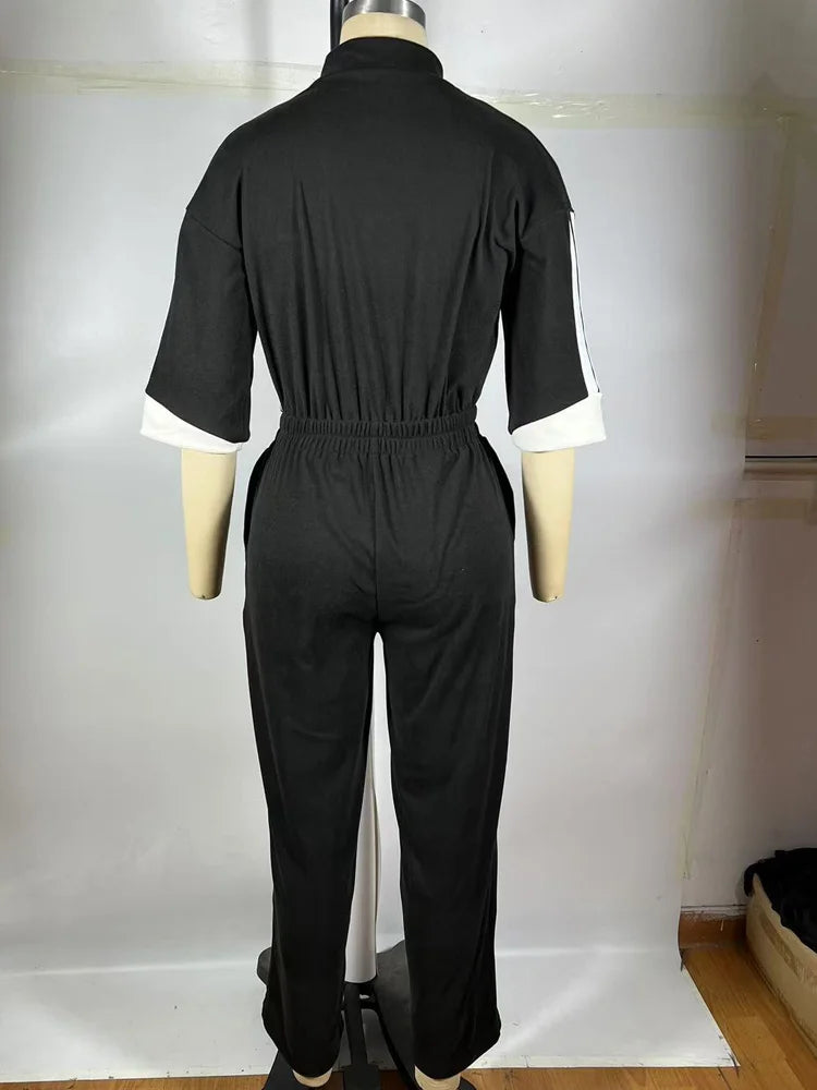 Beyprern Bragging Rights Jumpsuit For Women Runway Short Sleeve Zipper Front Striped Jumpsuit Fitted Romper Club Overalls Outfit