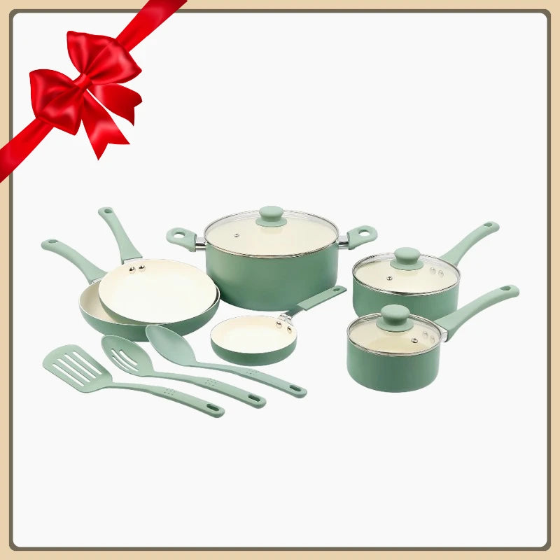 Ceramic aluminum 12-piece non-stick cookware set, meets a variety of cooking needs, suitable for a warm kitchen gift