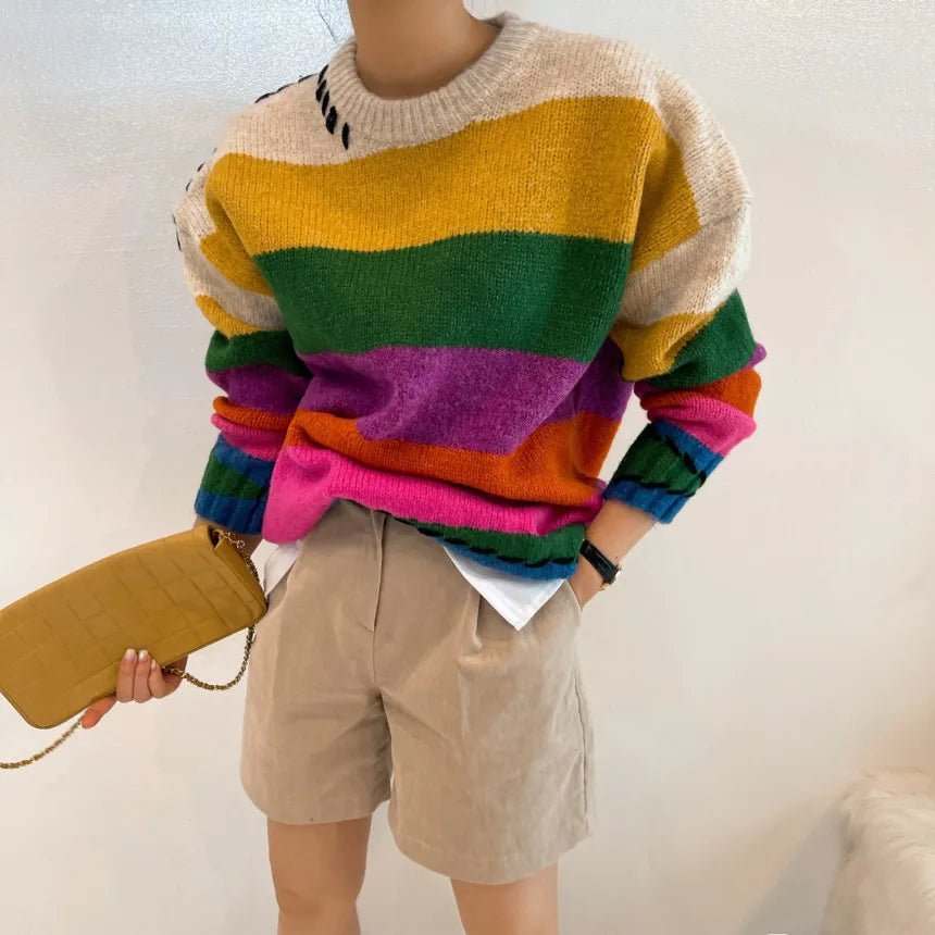 Chic Vintage Contrast Oversized Sueter Fairy Grunge Pullover O Neck Rainbow Sweaters Winter Striped Knitting Sweater Women