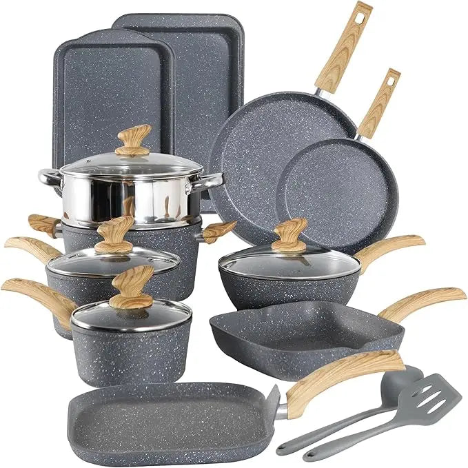 Induction Cookware Set-17 Piece Non-stick Cooking Pan Set, Granite Pots and Pans Set