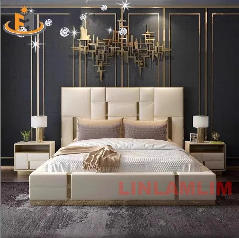 MANBAS Luxury Modern King Size Bed with Soft Upholstered Headboard and Storage Nightstands - Genuine Leather Bedroom Furniture