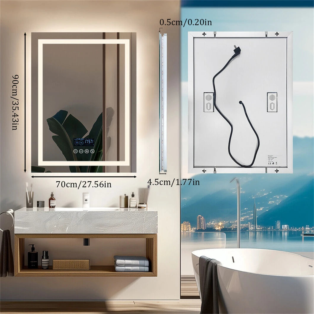 Smart LED Bathroom Mirror Rectangle Wall Mount Mirror w Bluetooth Speaker,Time,Temperature,Light Memory,Front & Backlit,Anti-Fog