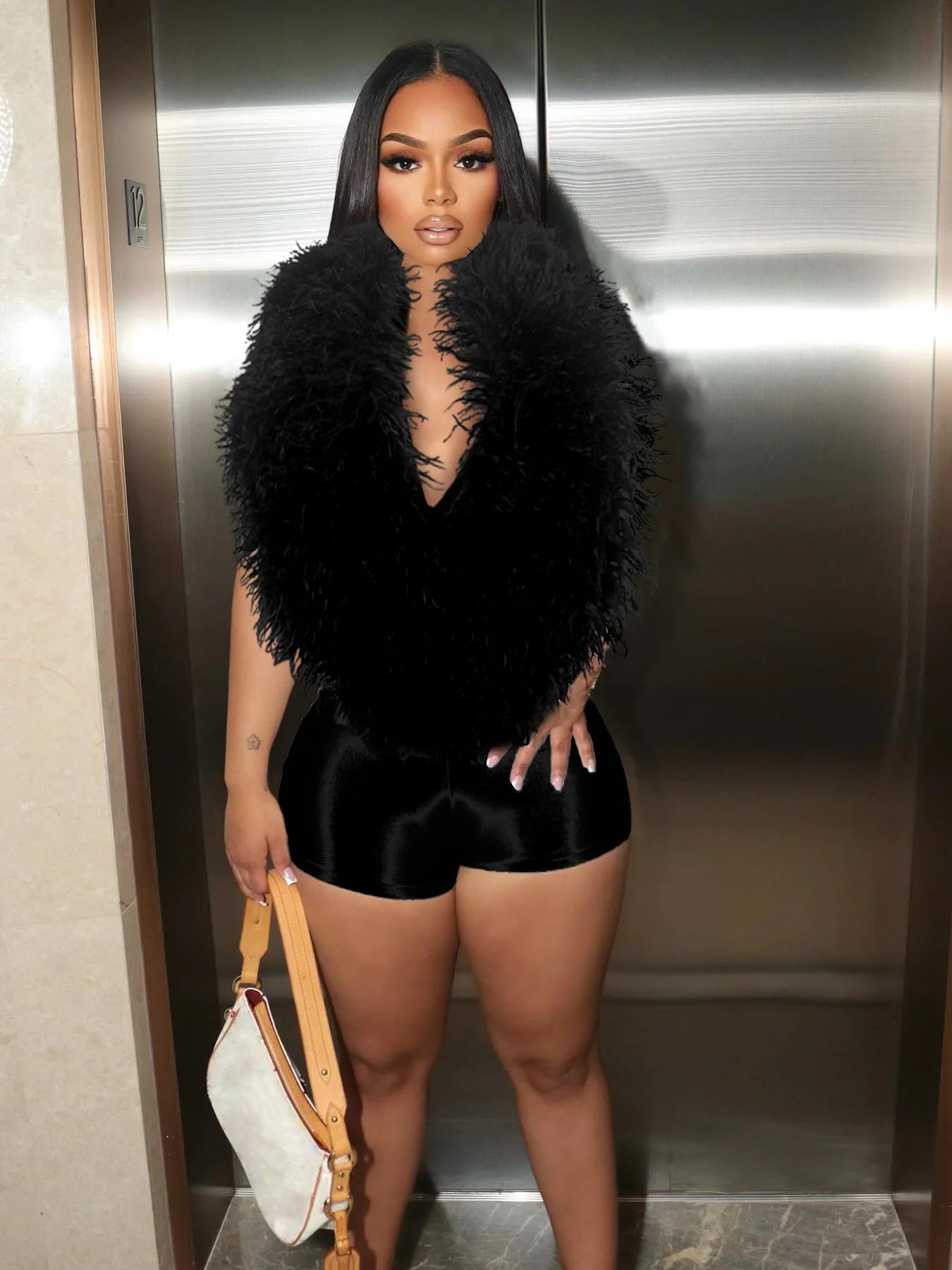 Joskaa 2025 Summer Women's Sexy Faux Fur Patchwork Halter Deep V Backless Skinny Playsuits Holiday Midnight Club Rompers S-XXL