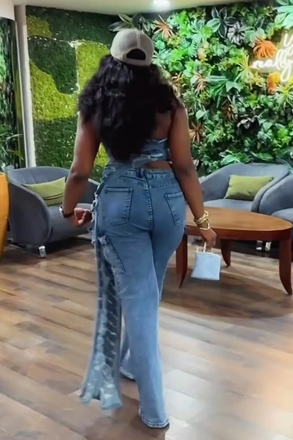 Plus Size Party Blue Asymmetric Hem Distressed Denim Two Piece Pant Sets