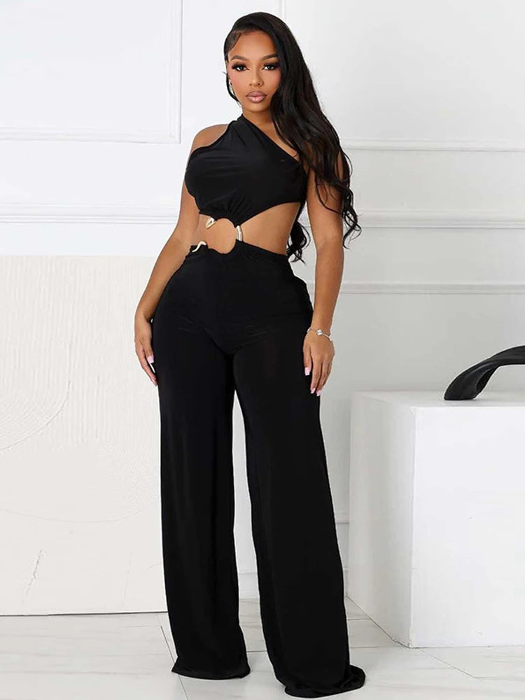 Beyprern Women's Open Back Cutout Jumpsuits With Snake Tirm Sexy Rompers Summer Lace-Back Bandage Wide Legs Jumpsuits Overalls