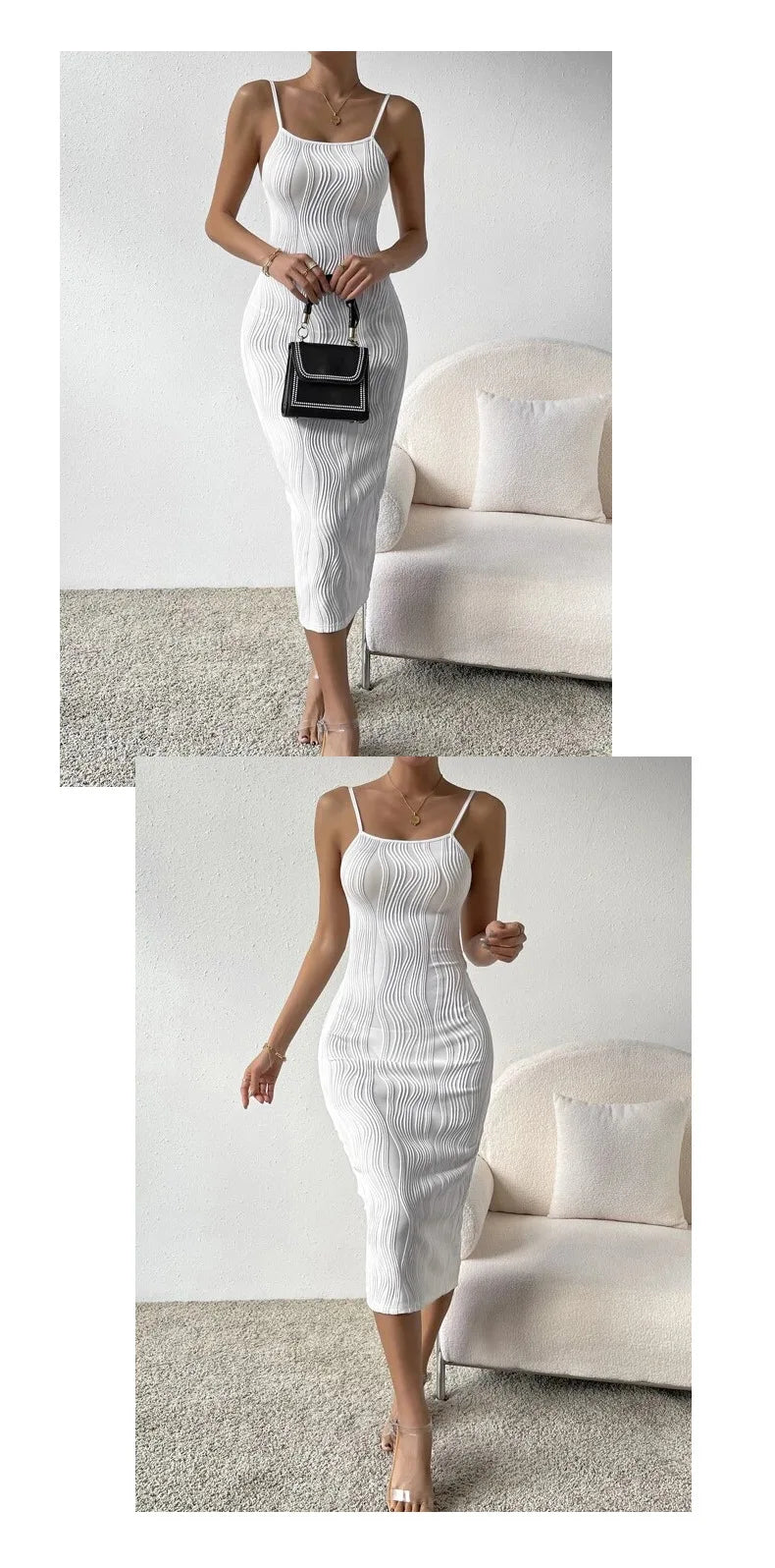 Elegant White Sling Dress Women Backless Sexy Long Dress Beach Vacation Solid Dresses Spring Summer Versatile Base Skirt