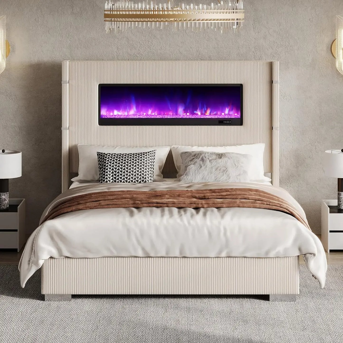 Bed Frame with Fireplace,Wingback Platform Bed Frame with 60.4“ Extra Tall Headboard,Corduroy Upholstered Bed Frame Wooden Slats