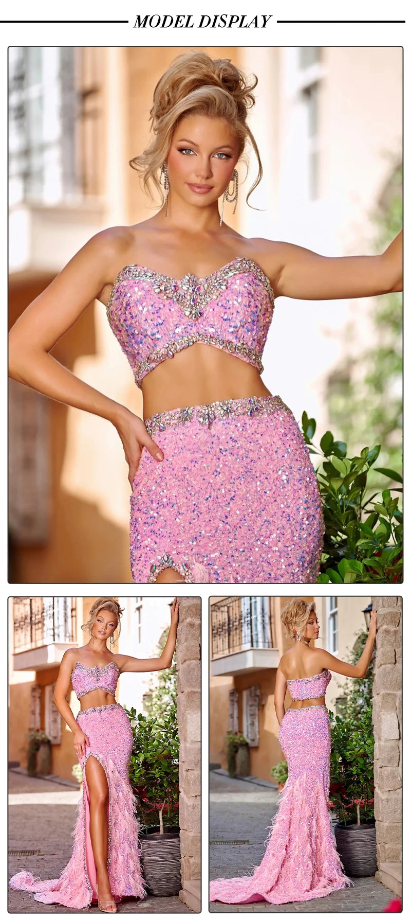 VC Pink Sparkly Sequins Long Dress Beaded Crystal Feather Embellished High Slit Straight Floor-length Prom Evening Gown Vestidos