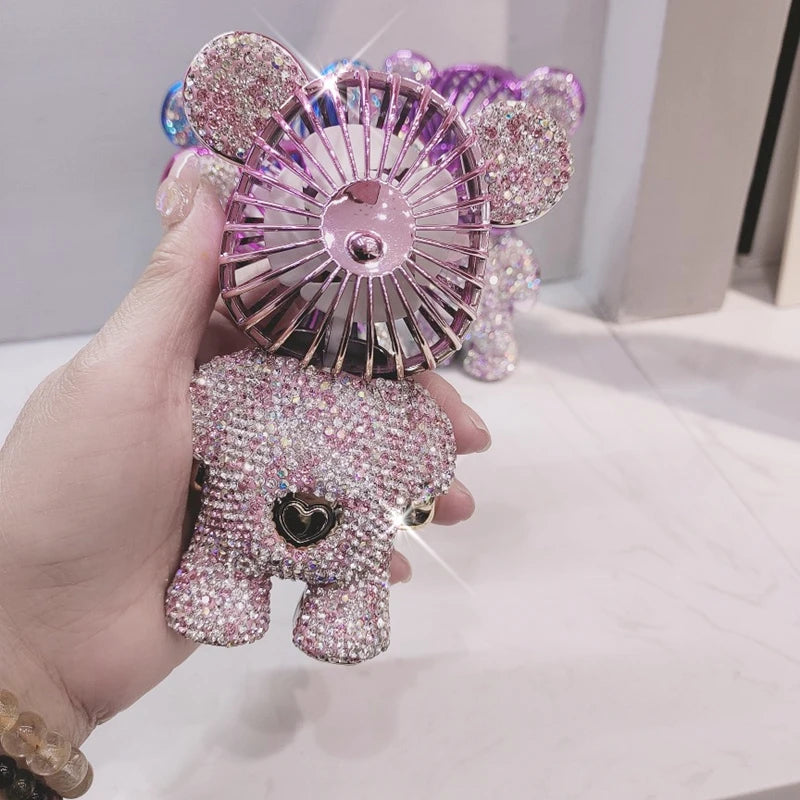 Handheld Fan with Rhinestones Three-Speed Cute Cartoon Bear USB Desktop Portable Convenient Home Office Outdoors Gift