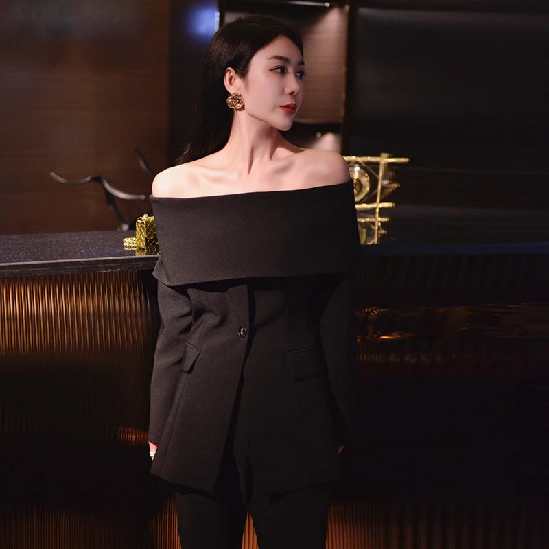 TWOTWINSTYLE Slash Neck Chic Blazers For Women Off Shoulder Long Sleeve Patchwork Single Button Solid Coat Female Clothes 2022