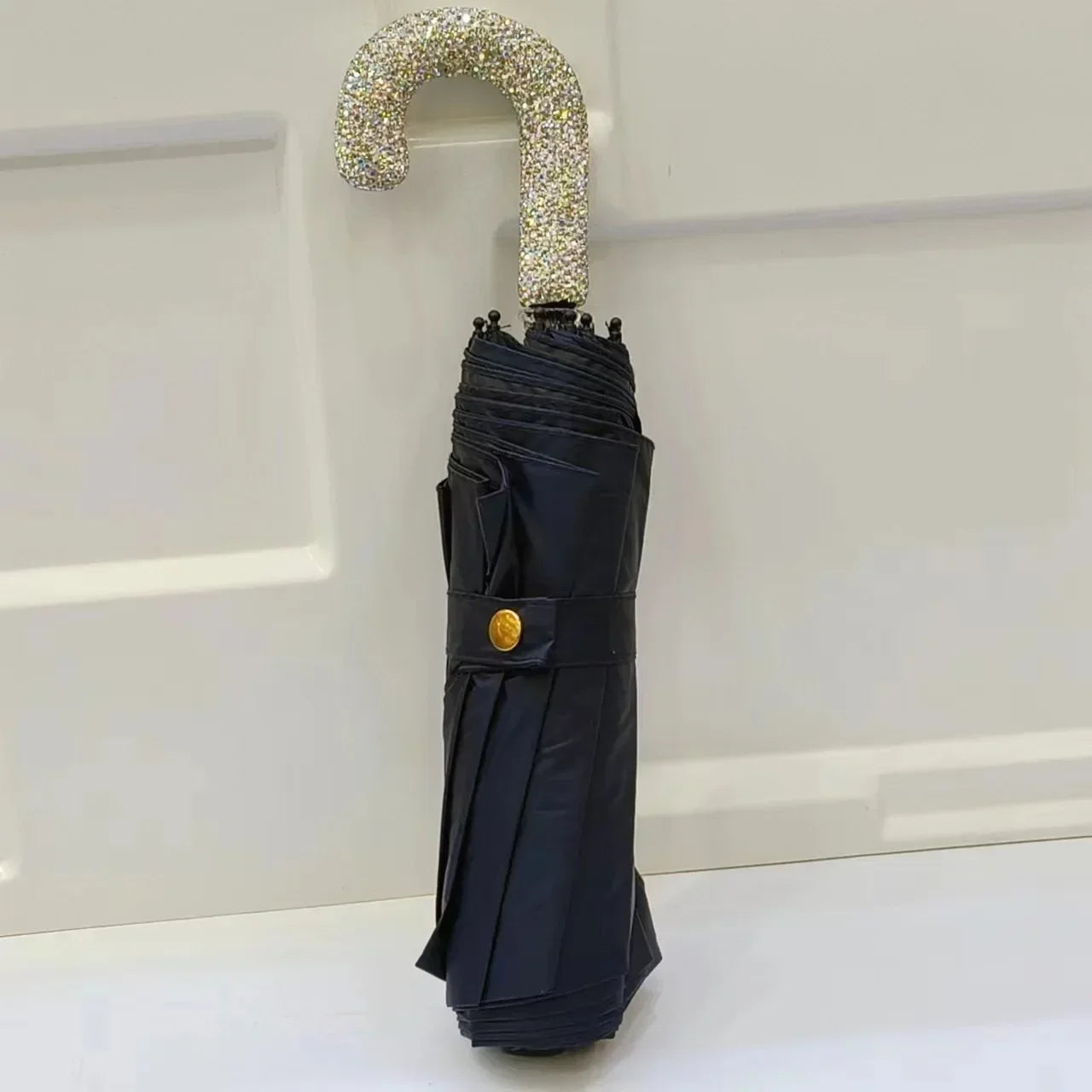Bling Rhinestone Hook Handle Umbrella Automatic Folding Hook Handle Sunshade UV Protection Rainproof Portable Umbrella Rain Gear
