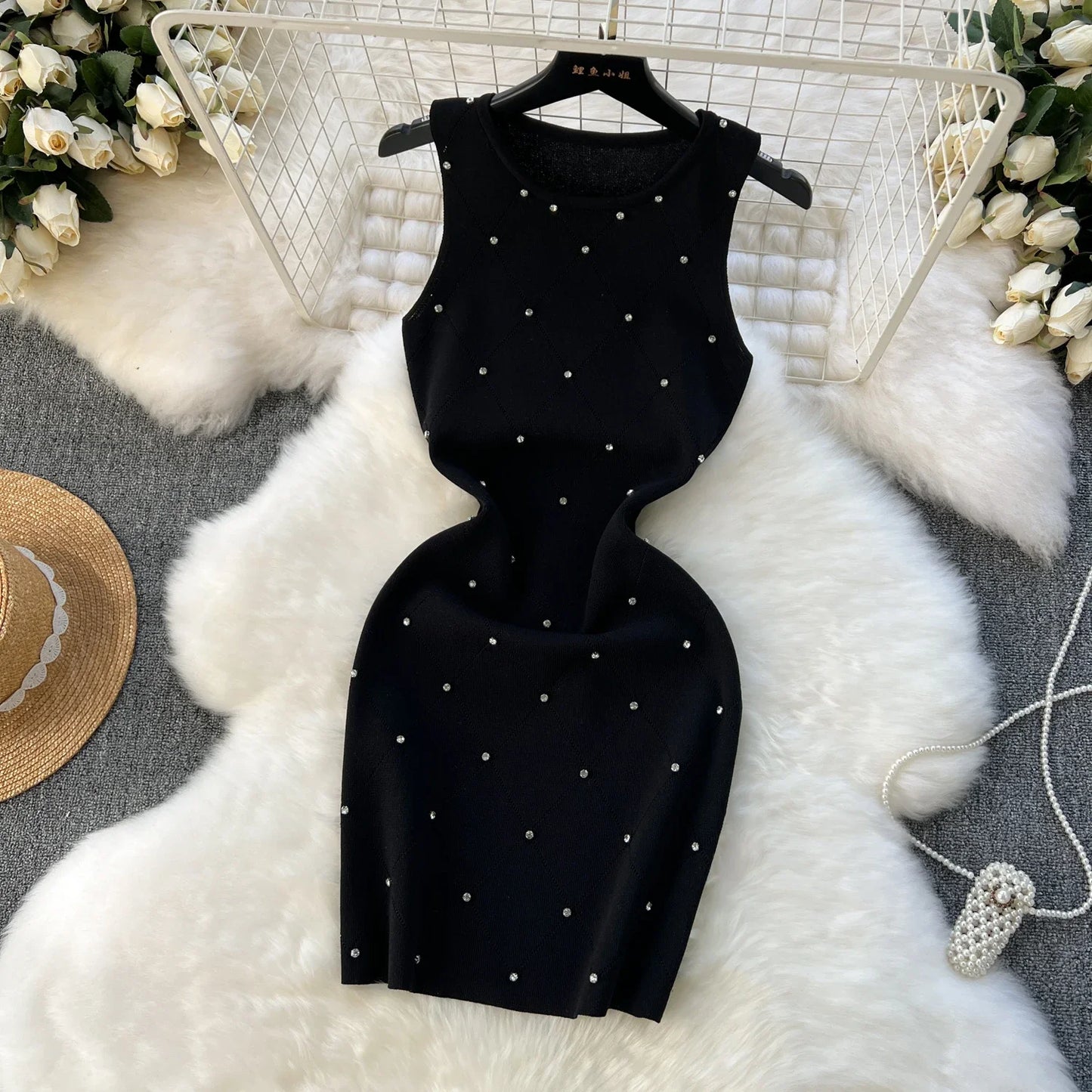 Beading Summer Women's Knitting Sheath Tank Dress Female Bodycon Knitted Camisole Sleeveless Mini Dresses For Woman Outfits