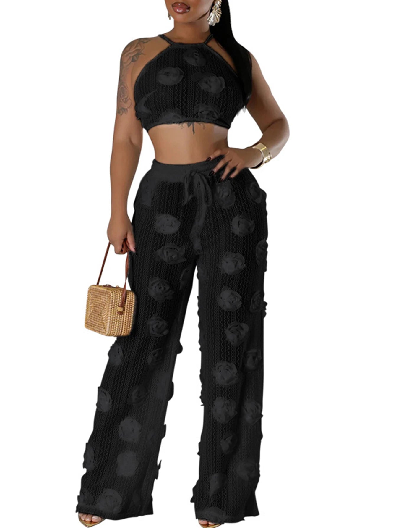 Sexy see through lace up vacation jumpsuits women summer body party club outfits streetwear womens jumpsuit Wide leg pants sets